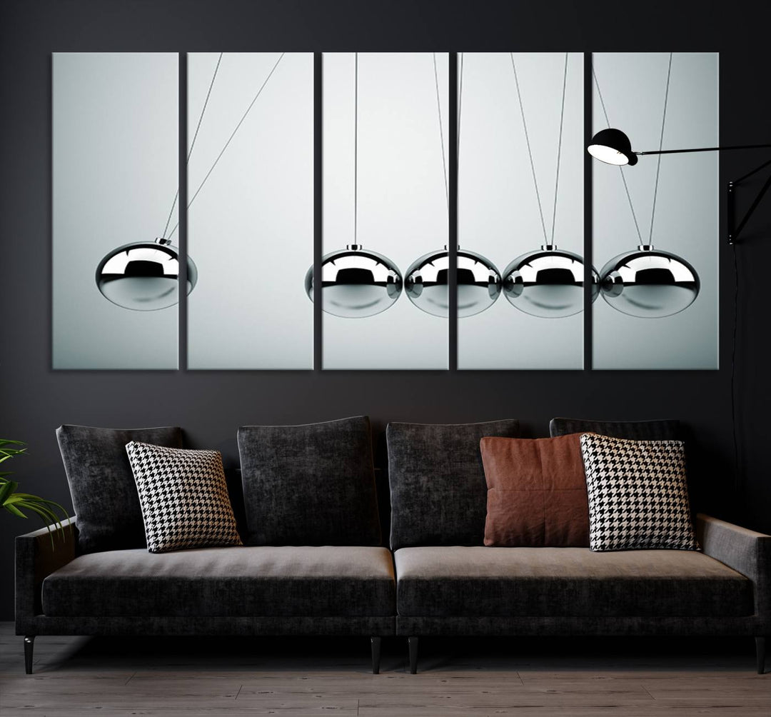 Newton's Cradle Motion Art, Modern Minimalist Metal Sphere Wall Art, Physics-Inspired Kinetic Energy Canvas Print for Office and Home Decor