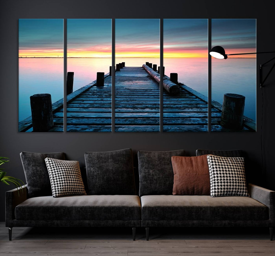 Wall Art Vintage Wooden Pier on Sea at Sunset Canvas Print