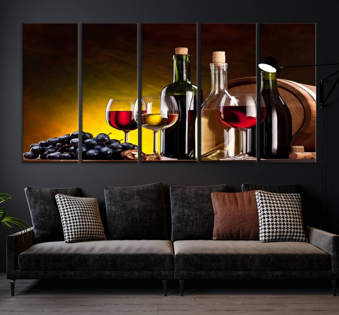 The "Red and White Wine Canvas Print" is a multi-panel design displaying bottles and glasses, adding a professional craftsman's touch to the living room.