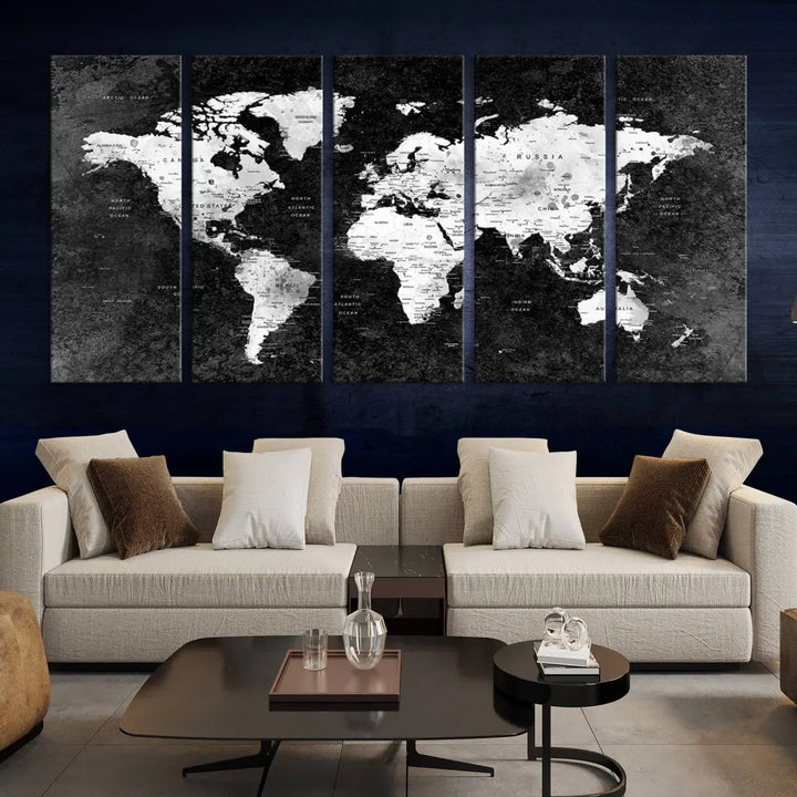 Modern Grayscale World Map 3-Panel Canvas Art | Ready to Hang, Framed | Stylish Minimalist Wall Décor for Home, Office, Living Room, or Study Spaces 