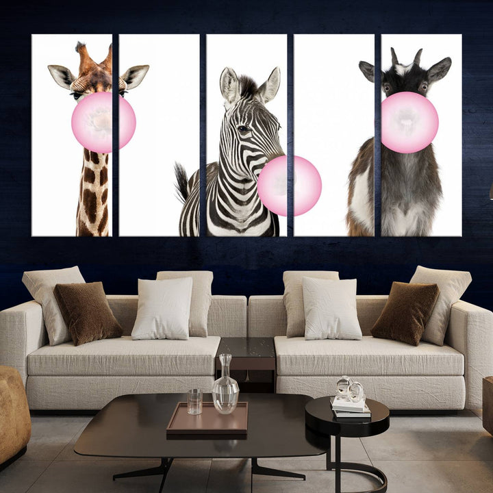 Animales divertidos, lienzo grande, arte de pared, cabra, cebra, jirafa, impresión en lienzo, animales lindos con globos para decoración de habitación de niños