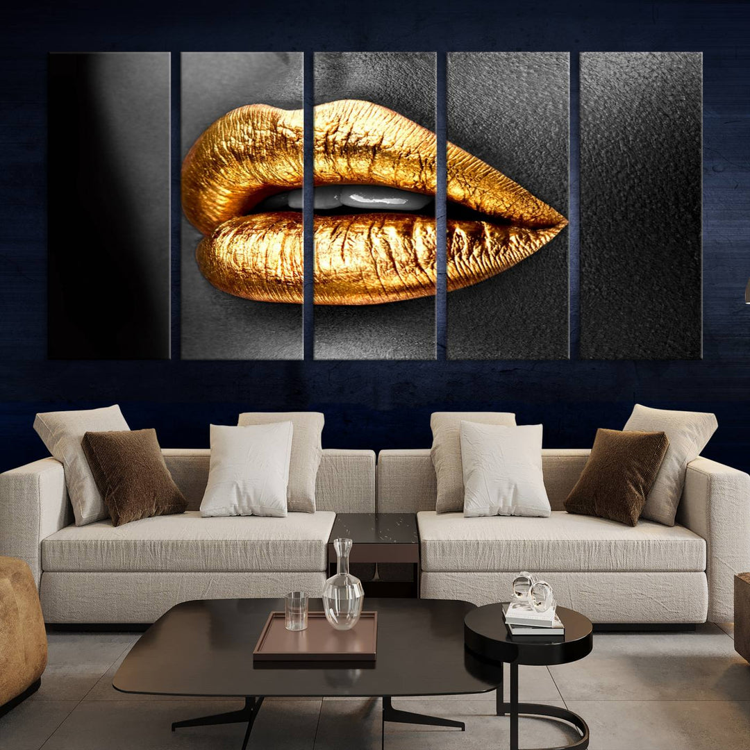 Gold Lips Canvas Wall Art Print Makeup Wall Art Fashion Beauty Canvas Print