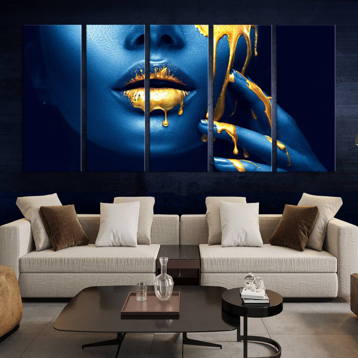 Neón Azul Oro Labios Sensual Fotografía Lienzo Pared Arte Impresión Moda Arte Belleza