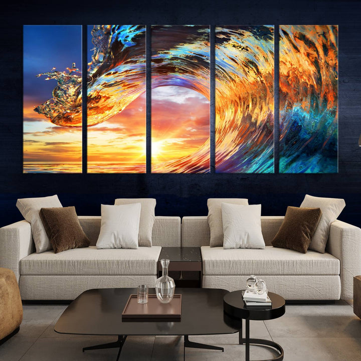 Lienzo decorativo para pared, diseño de olas, rizos, puesta de sol y océano