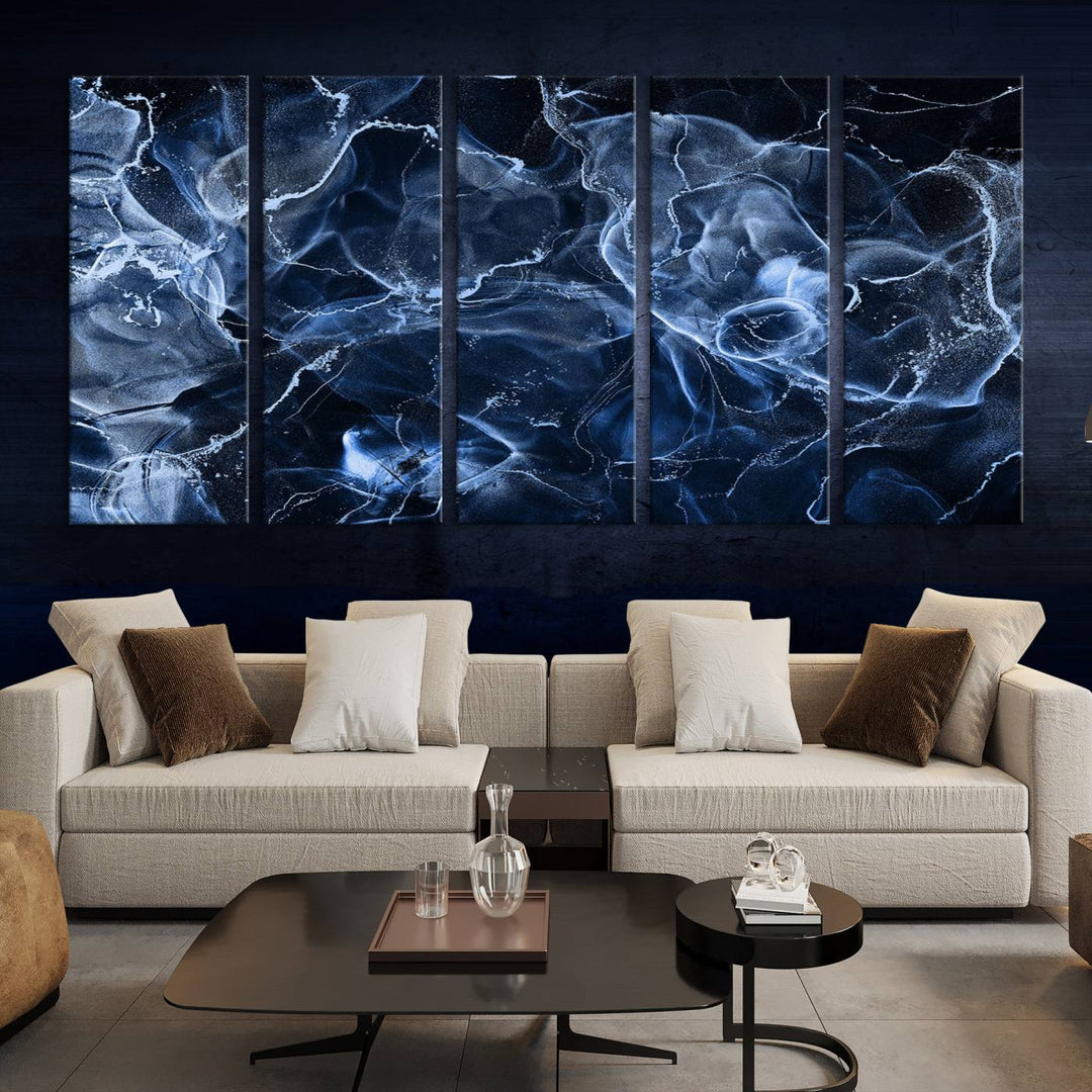 Arte de pared grande con efecto ahumado de mármol azul, lienzo abstracto moderno, impresión artística de pared