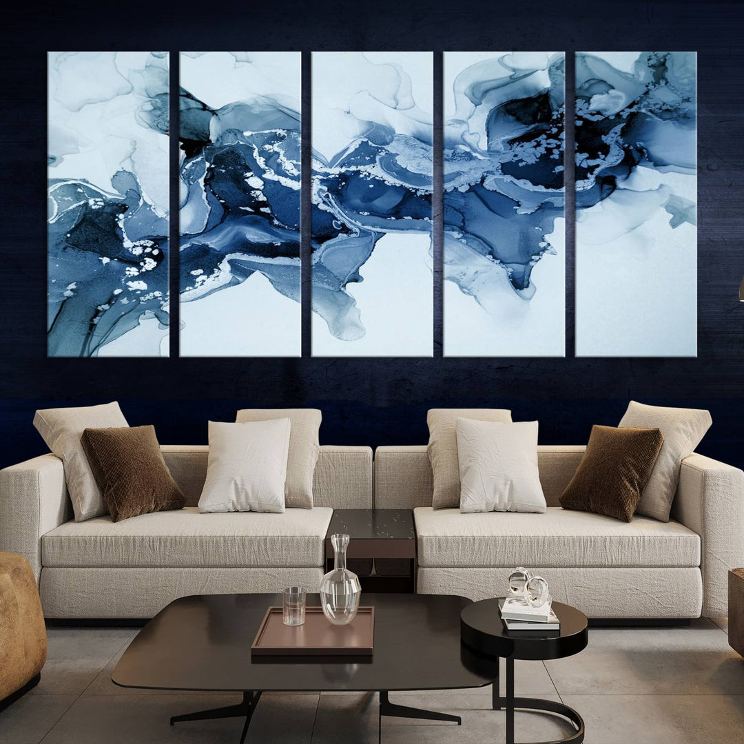 Arte de pared grande con efecto fluido de mármol azul hielo, lienzo abstracto moderno, impresión artística de pared