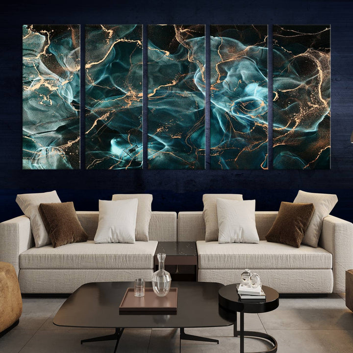 Neon Blue Marble Smokey Effect Wall Art Abstract Canvas Wall Art Print