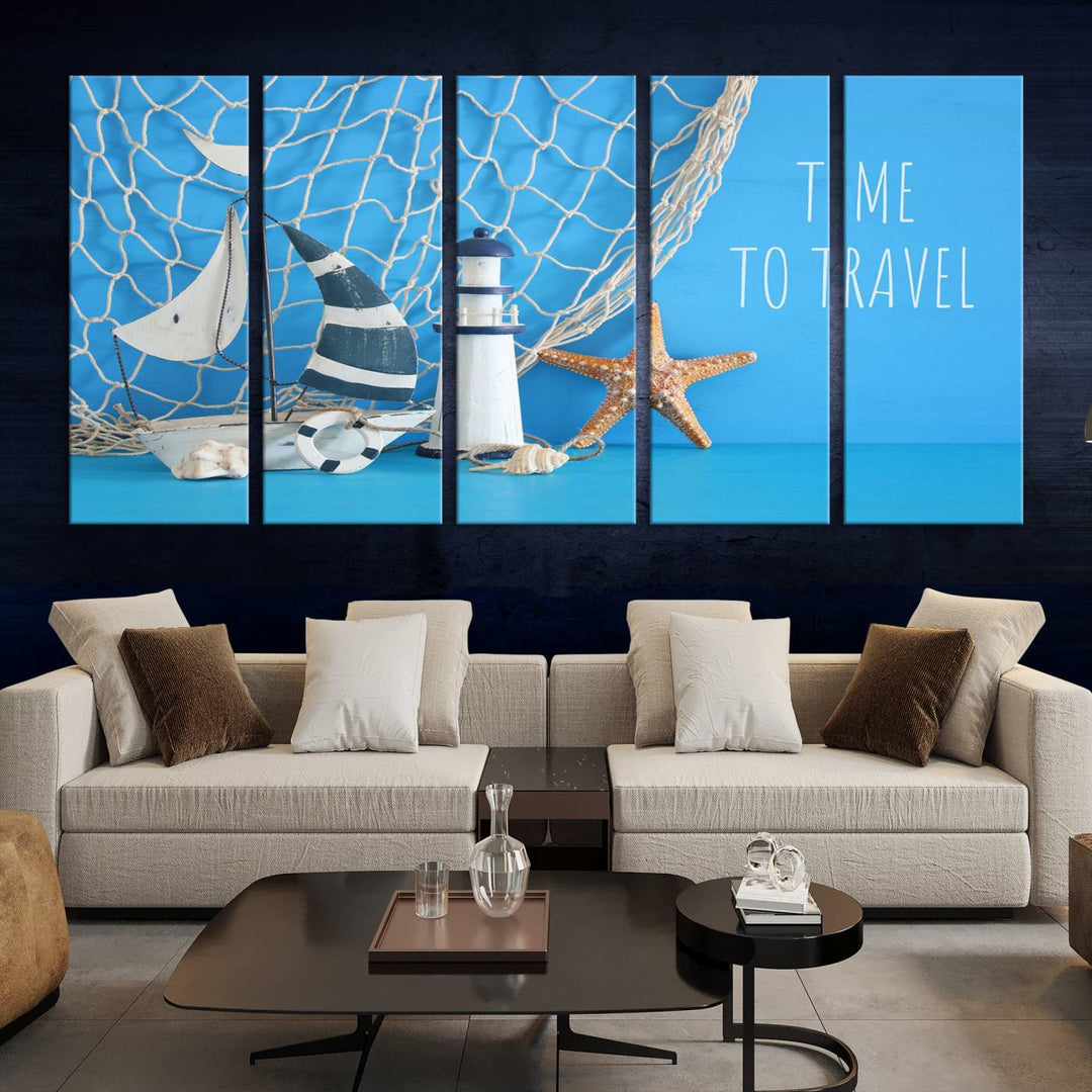 Sailing Boat Starfish and Lighthouse Wall Art Canvas Print