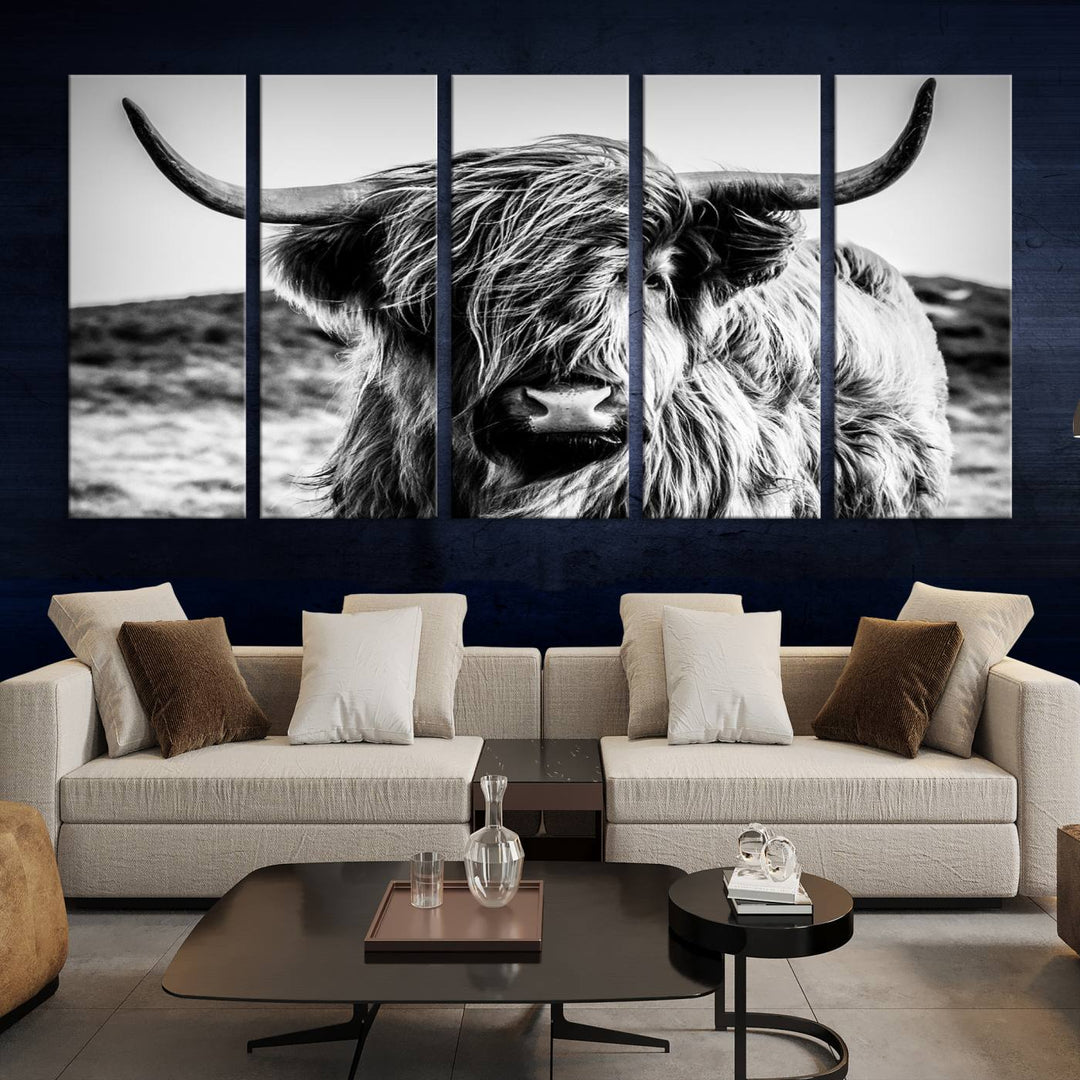 Scottish Cow Black and White Wall Canvas Art Print Farm House