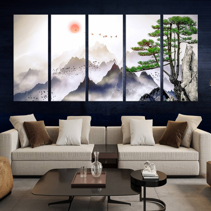 Japanese Tree Mountain Wall Art Canvas Print