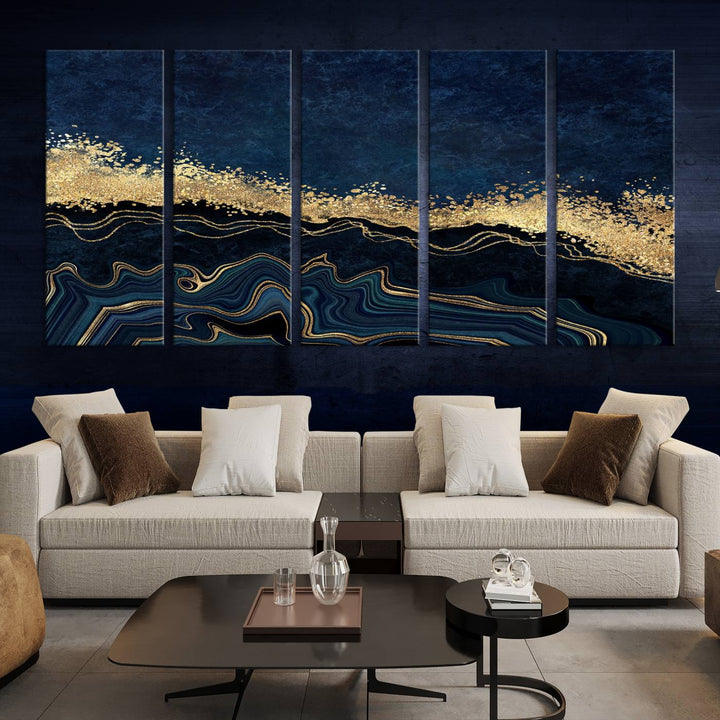 Navy Blue Marble Fluid Effect Large Wall Art Modern Abstract Canvas Wall Art Print