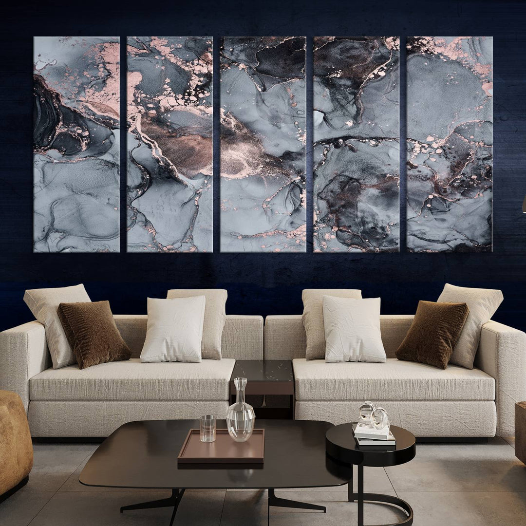 Gray and Rose Gold Marble Fluid Effect Wall Art Abstract Canvas Wall Art Print