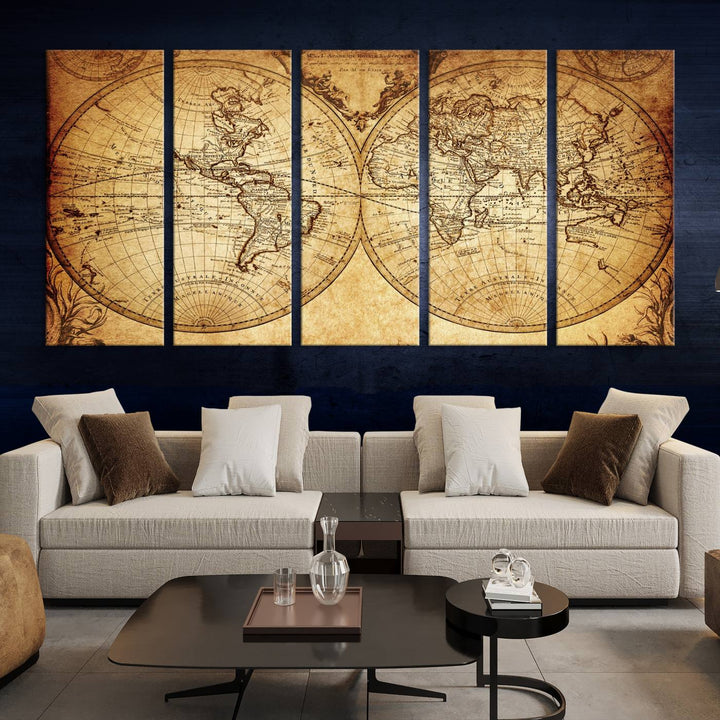 Vintage World Map Wall Art | 3-Panel Canvas Print for Living Room, Office, or Study | Giclee Canvas with Antique Design