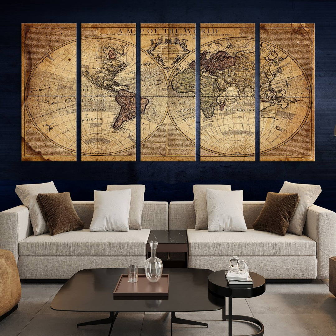 A large Vintage World Map Wall Art Canvas, featuring a 3-panel antique style with a nautical theme, is prominently displayed on the wall.