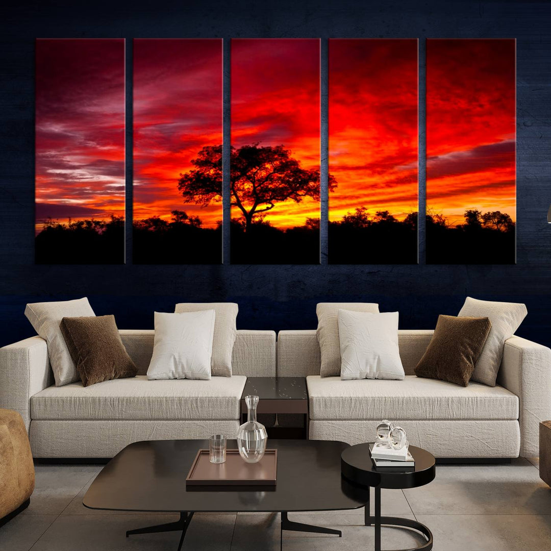 Red Sunset Landscape Artwork Printing, Forest Tree Wall Art Canvas Print