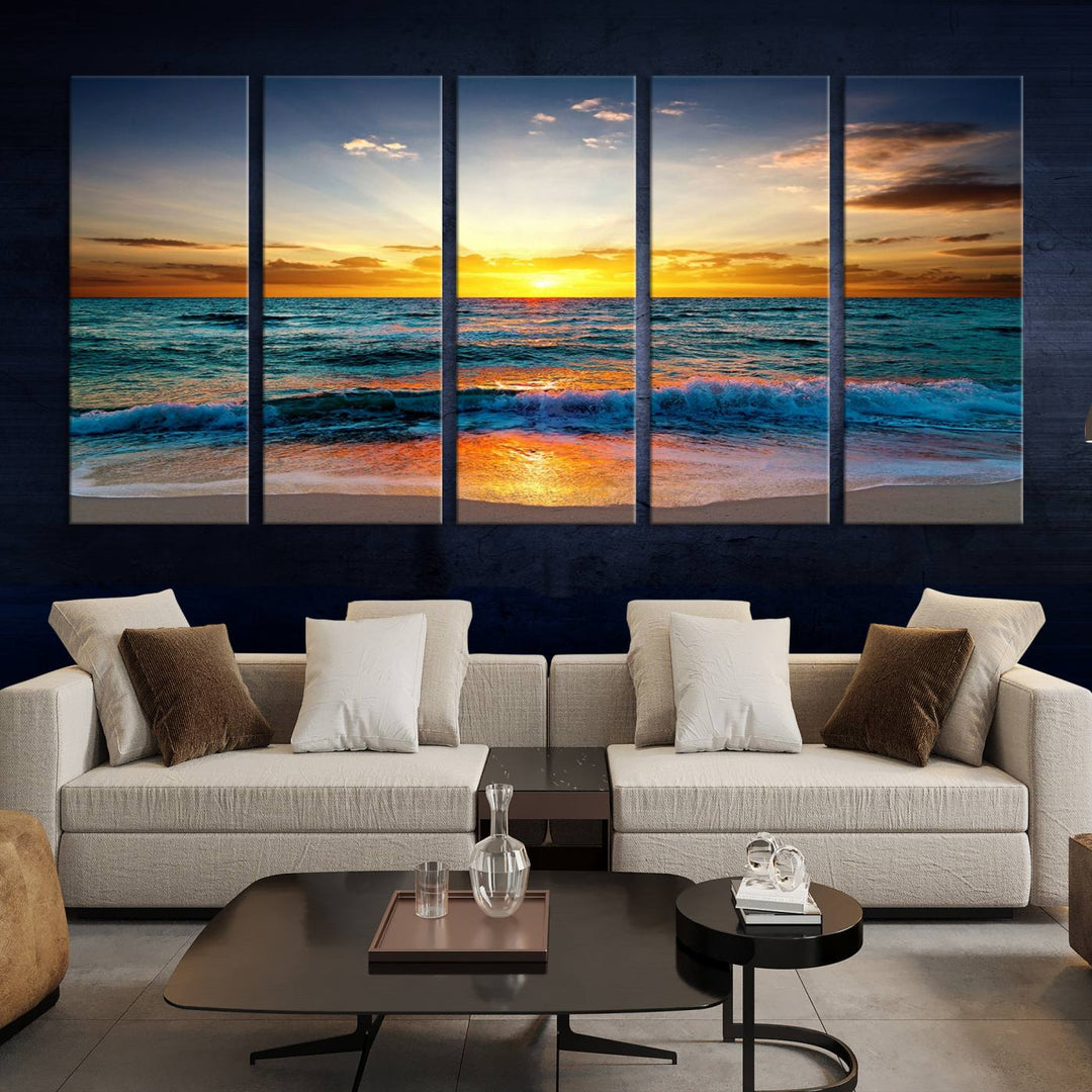 Vibrant Ocean Sunrise Over Golden Beach Waves, Giclee Canvas Wall Art Set, High-Quality Stretched Canvas Print, Ready to Hang Coastal Sunset Wall