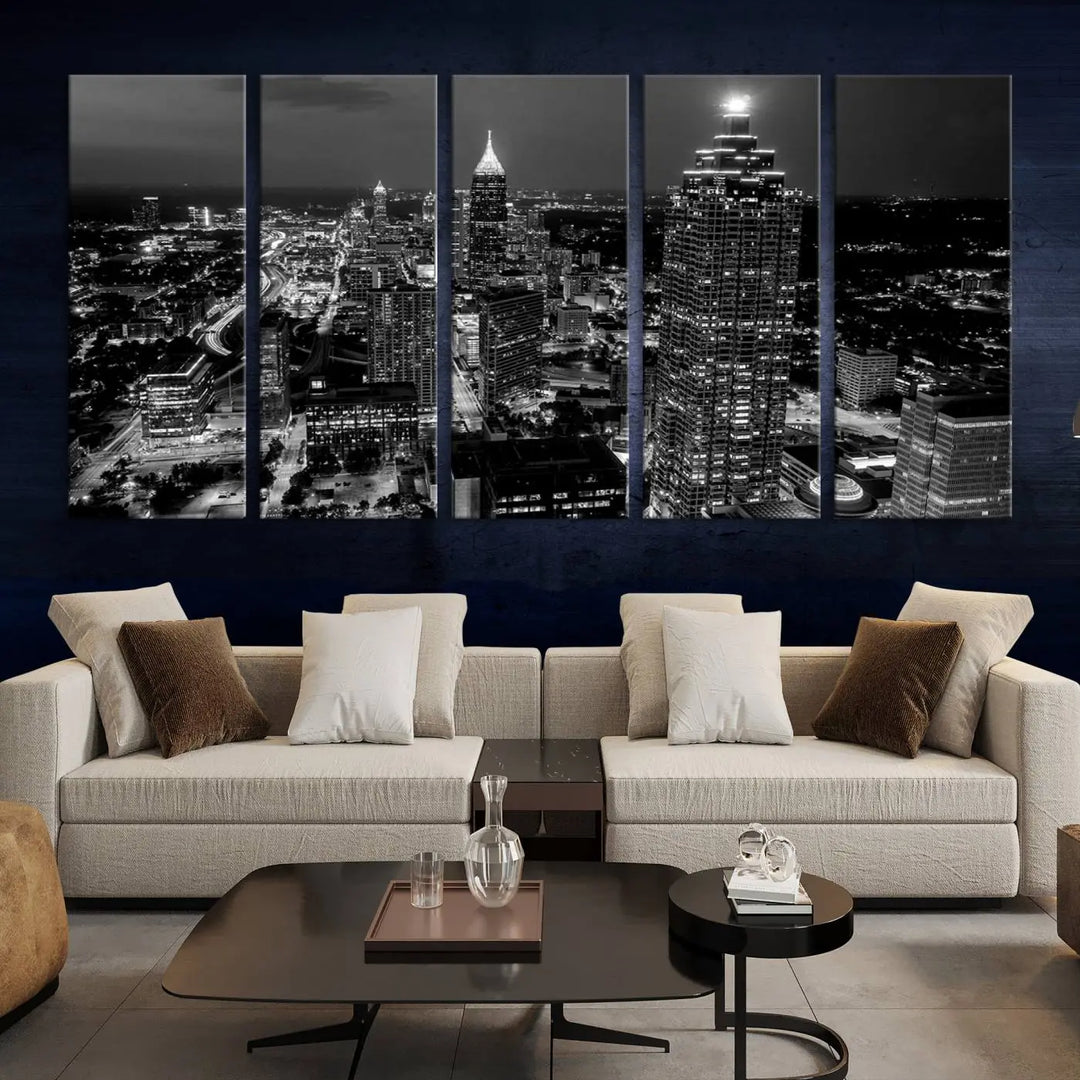 The Atlanta City Lights Skyline Black and White Wall Art Cityscape Canvas Print is elegantly displayed on the wall. These museum-quality canvases arrive ready to hang, making your art display both effortless and sophisticated.