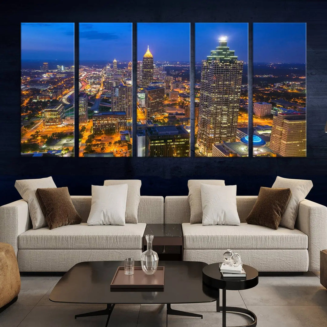 An elegant Atlanta City Blue Skyline Cityscape View Wall Art Canvas Print graces the wall, offering a sophisticated addition to your living space. Enjoy free shipping on this stylish piece.