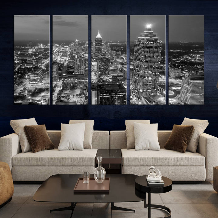 Atlanta City Skyline Art mural noir et blanc Paysage urbain Impression sur toile