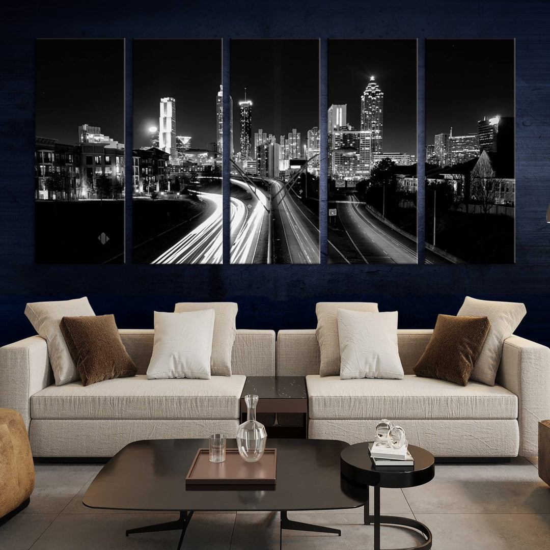 Atlanta City Lights Skyline Art mural noir et blanc Paysage urbain Impression sur toile