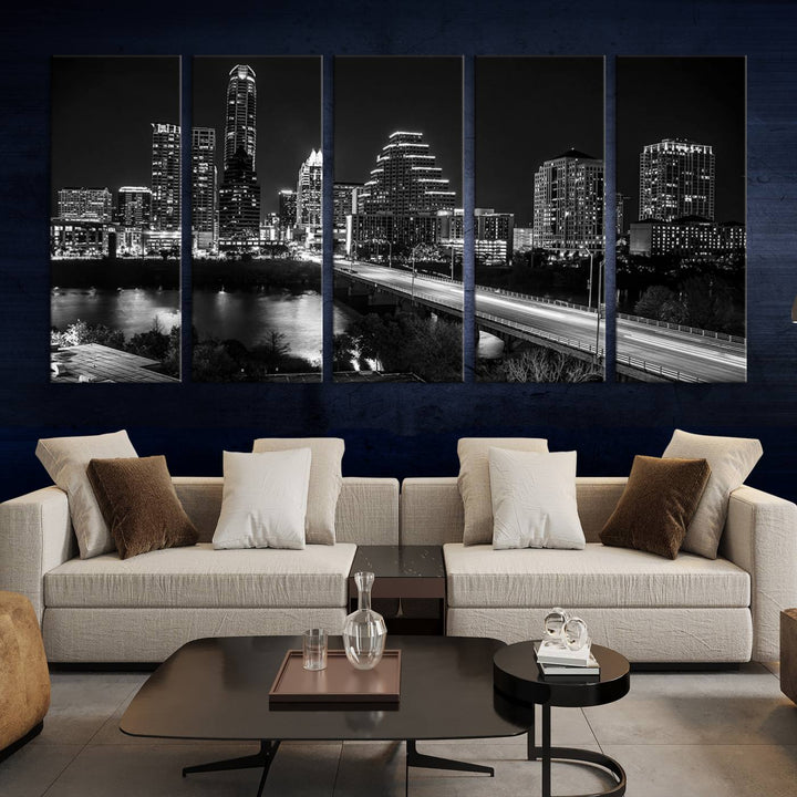 Austin City Lights Skyline Black and White Wall Art Canvas Print