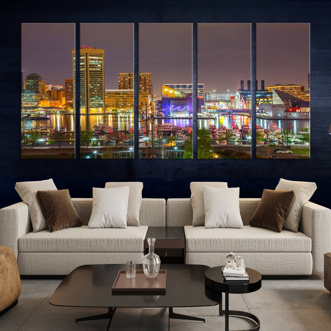 The Baltimore City Lights Night Skyline Cityscape View Wall Art Canvas Print is elegantly displayed on museum-quality canvas.