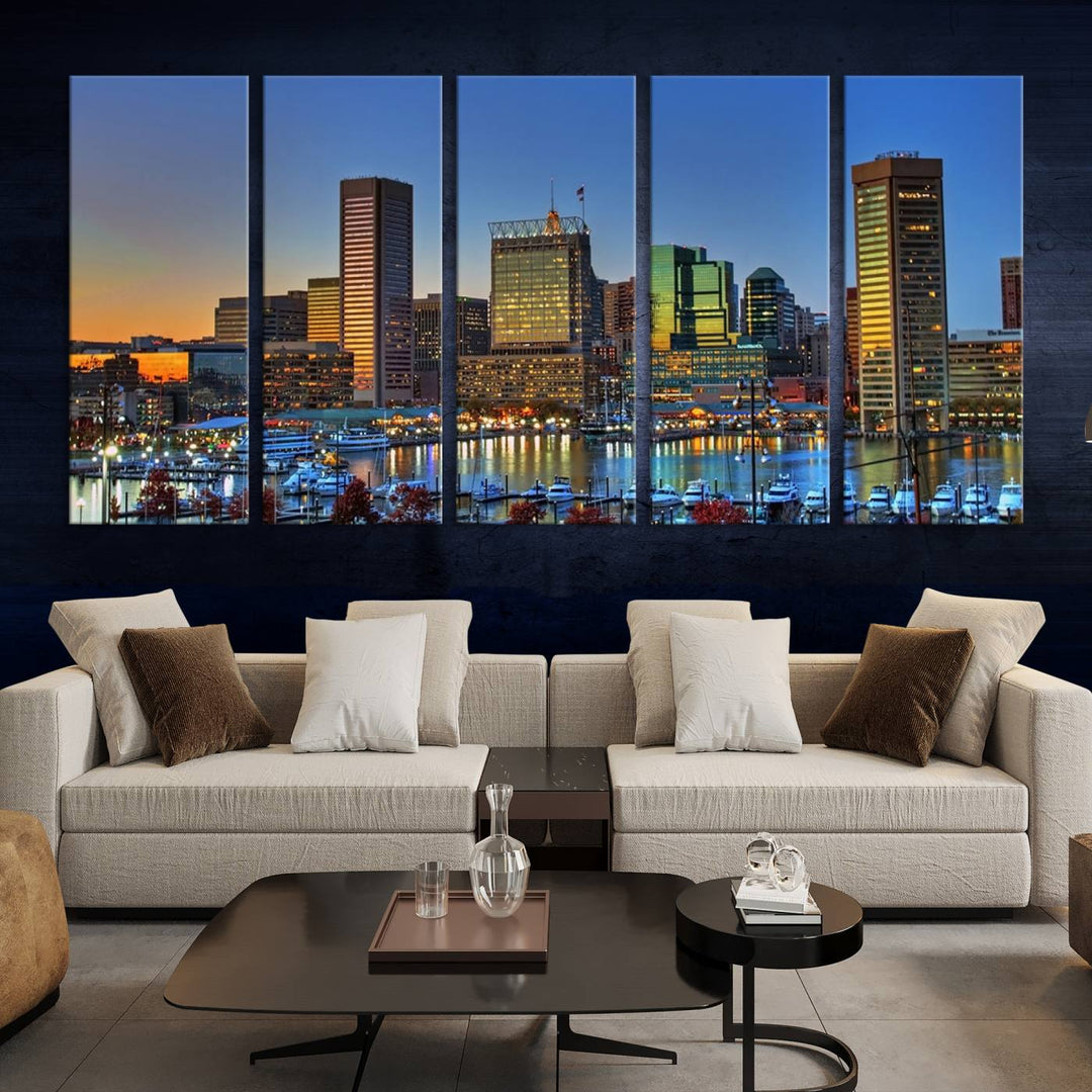 Baltimore City Lights Coucher de soleil bleu et orange Skyline Cityscape View Wall Art Impression sur toile