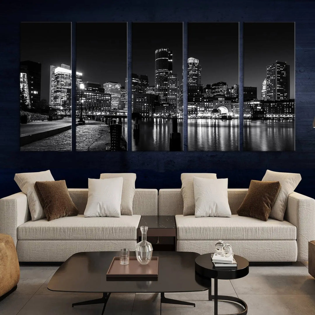 The living room showcases the Boston City Lights Skyline Black and White Wall Art Canvas Print.