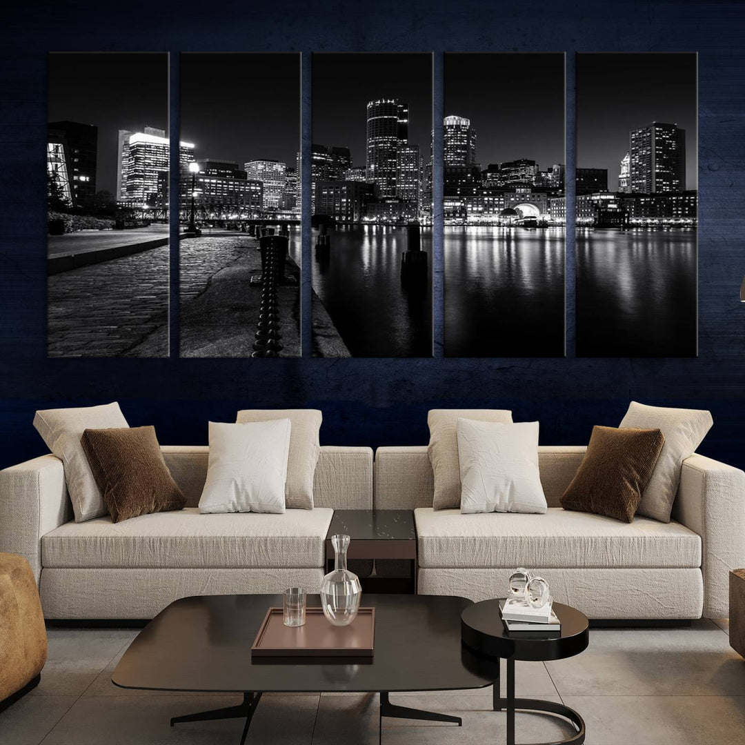 The Boston Lights Skyline Black and White Wall Art Cityscape Canvas Print, crafted with museum-quality canvas and UV-protective coating, serves as a striking triptych centerpiece in the living room.