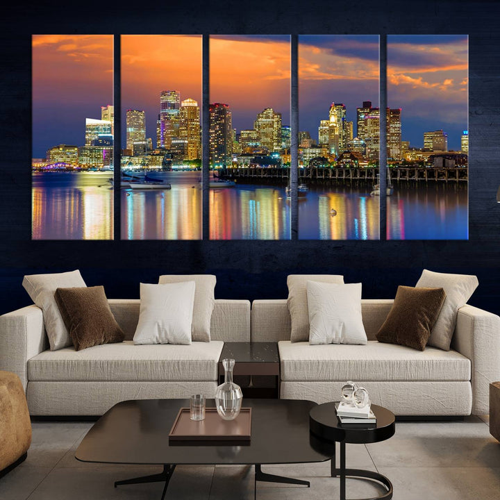 Boston City Night Blue and Orange Skyline Cityscape View Wall Art Canvas Print 