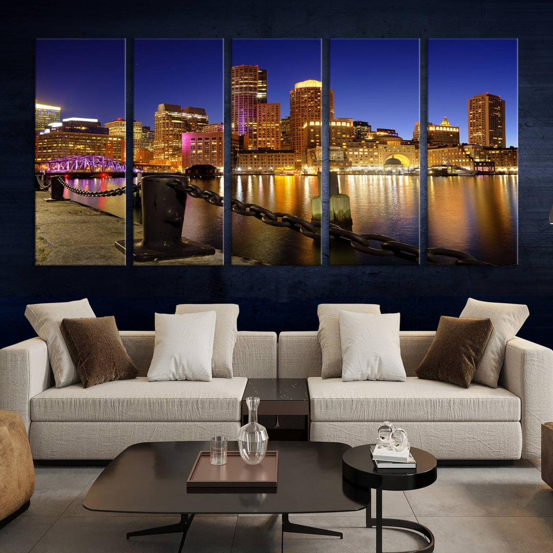 The "Boston City Night Skyline Cityscape View Wall Art Canvas Print" beautifully portrays a stunning triptych of a city skyline illuminated against the night sky, elegantly reflected in the river below. These museum-quality canvases are gallery wrapped to ensure an elegant presentation that enhances any space.