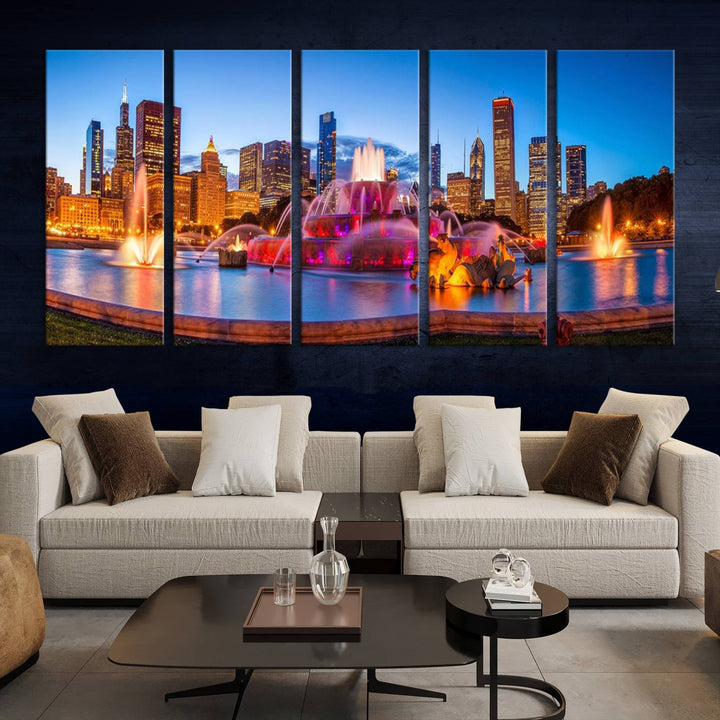 Chicago City Colorful Lights Night Skyline Cityscape View Wall Art Canvas Print