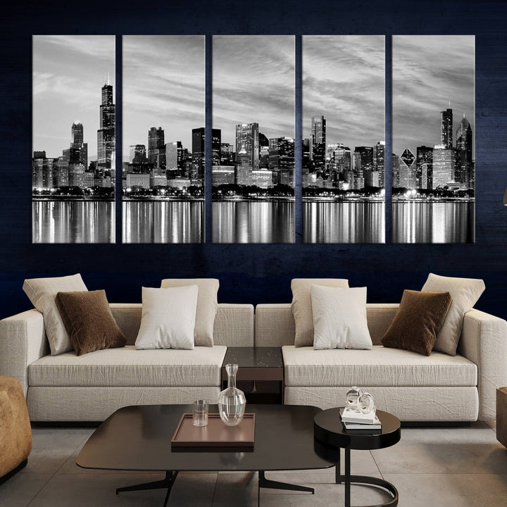 Chicago City Cloudy Skyline Black and White Wall Art Cityscape Canvas Print