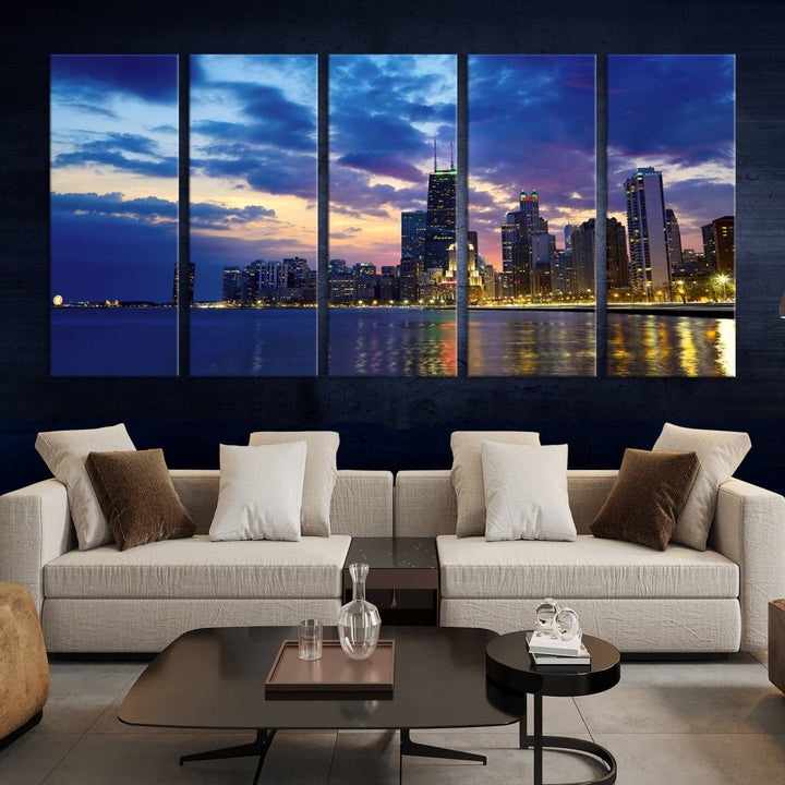 Chicago City Lights Night Cloudy Blue Skyline Cityscape View Wall Art Canvas Print