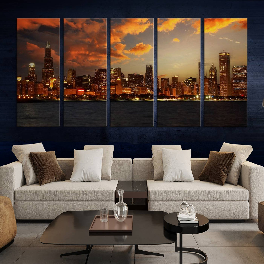 Chicago City Lights Sunset Orange Cloudy Skyline Cityscape View Wall Art Canvas Print