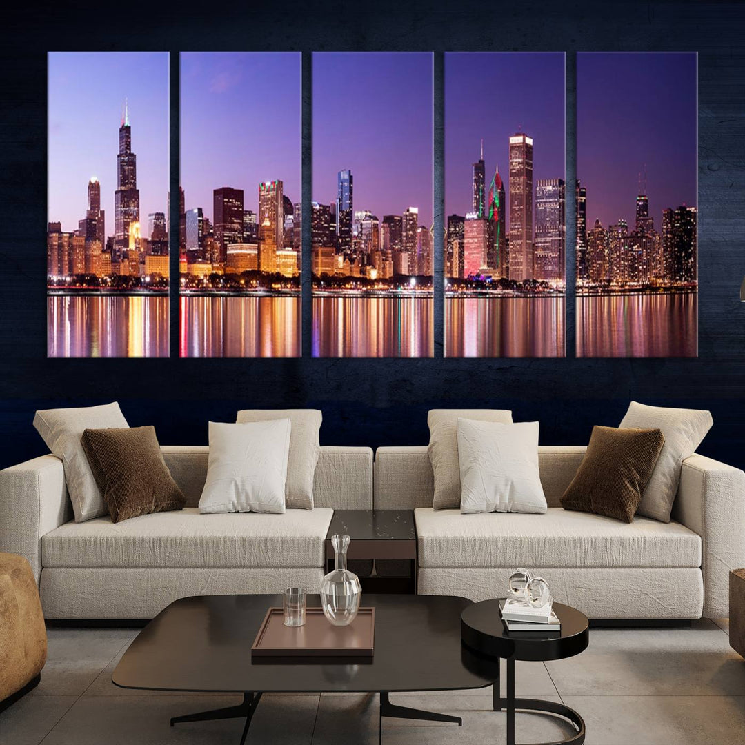 Chicago City Lights Night Purple Skyline Cityscape View Wall Art Impression sur toile