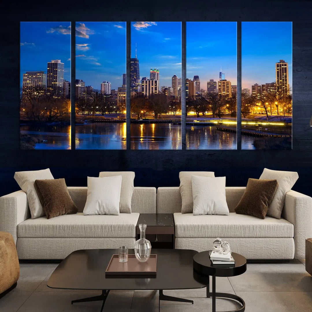 A triptych photo titled "Chicago City Lights Night Blue Skyline Cityscape View Wall Art Canvas Print" is elegantly displayed on gallery-wrapped, museum-quality canvases.