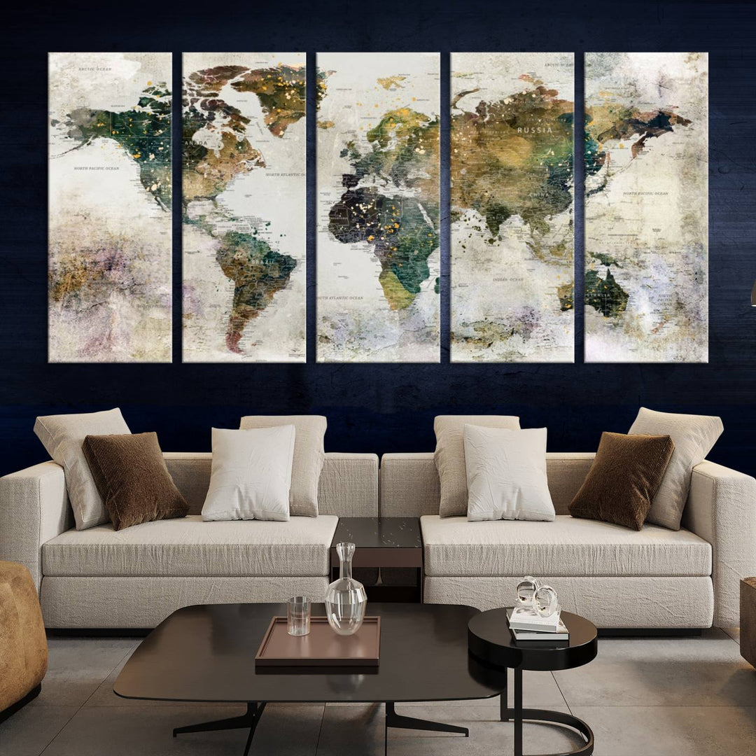 Impresión de arte de pared de mapa del mundo grande - Mapa en lienzo Galería Juego de pared de 3 paneles Regalo para mapa de viajero