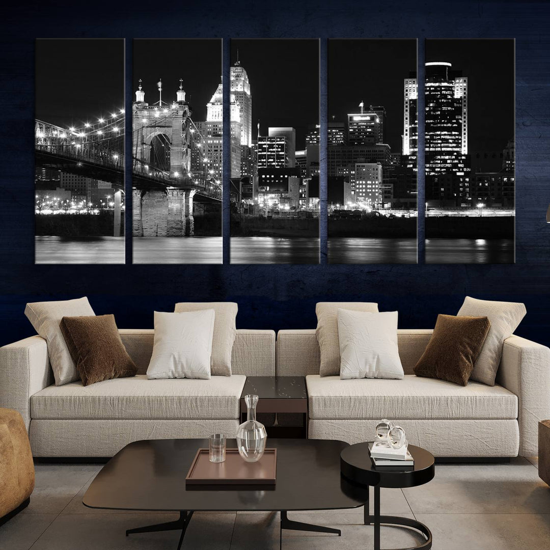 The Cincinnati City Skyline Black and White Wall Art Cityscape Canvas Print is prominently displayed.