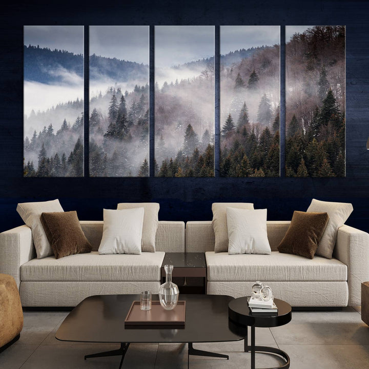 The "Beautiful Rising Fog in Winter Mountain Landscape" wall art is presented on museum-quality canvas, adding a striking visual element to the living room.