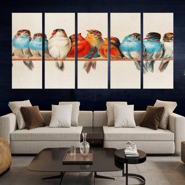 The Abstract Birds Wall Art Canvas Print, featuring a triptych of colorful birds perched on a branch, is printed on museum-quality canvas and equipped with a UV-protective coating and ready-to-hang design. This artwork adds vibrant elegance to your living space.