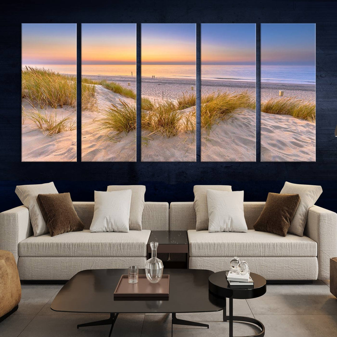 The "Sunset Silence on the Beach" wall art canvas print features a serene beach scene at sunset on museum-quality canvas with a UV-protective coating.