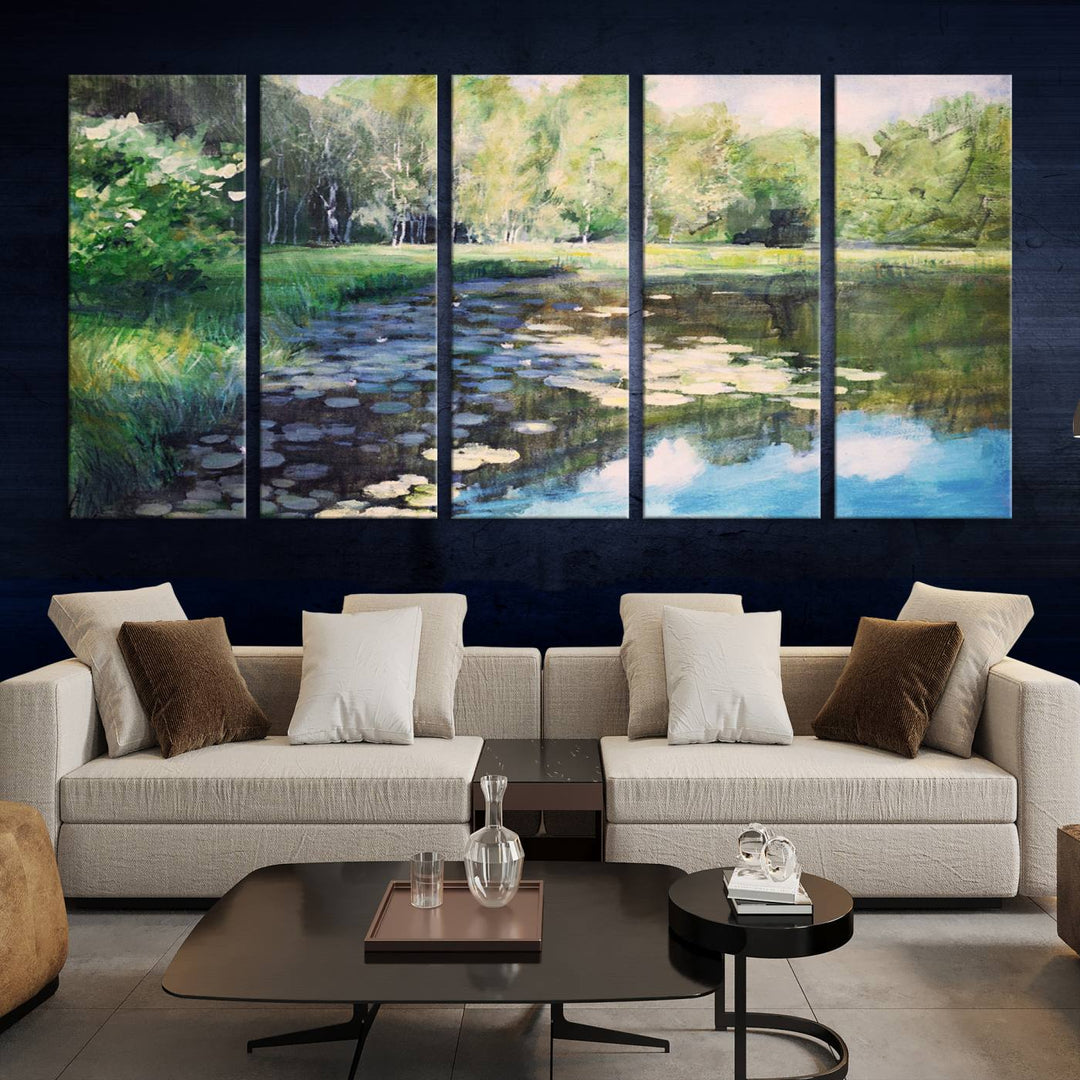 The "Forest Pond River Lake Wall Art Canvas Print" showcases a serene lakeside landscape with trees and water lilies. Crafted on museum-quality canvases and enhanced with UV-protective coating, this piece serves as an elegant addition to any space.