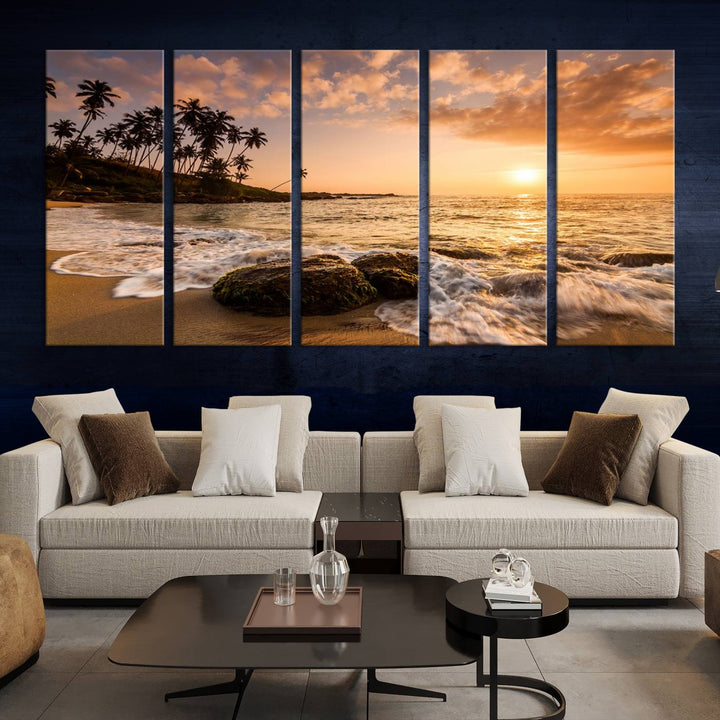 The "Tropical Island Sunset Sunrise Wall Art Canvas Print" is a stunning triptych that showcases a tranquil beach sunset complete with waves and palm trees. Each canvas piece is meticulously hand-assembled and framed using museum-quality polycotton with a UV-protective coating to ensure enduring beauty.