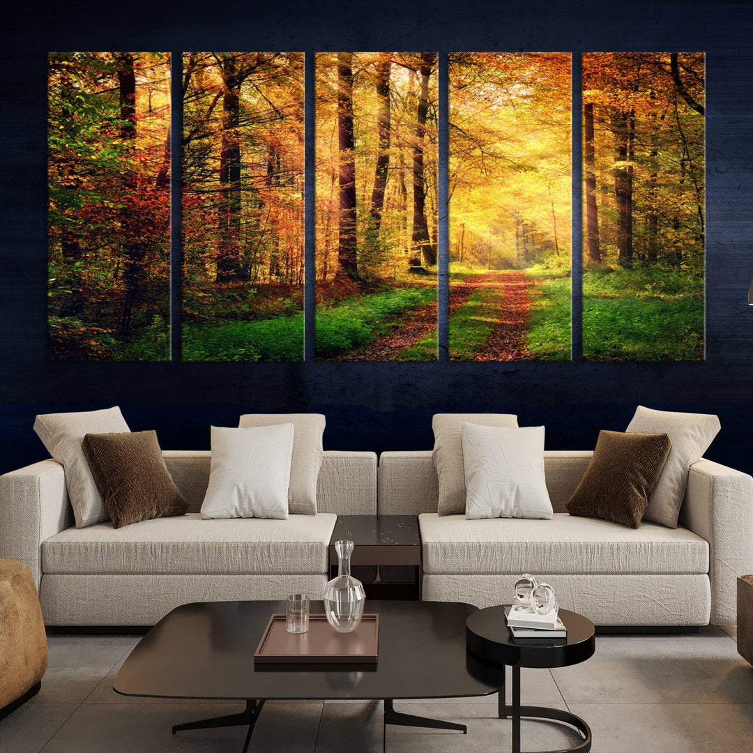 The Sunlight Through Trees Wall Art Canvas Print showcases a sunlit forest path in autumn on gallery-wrapped, museum-quality canvas with UV-protective coating.