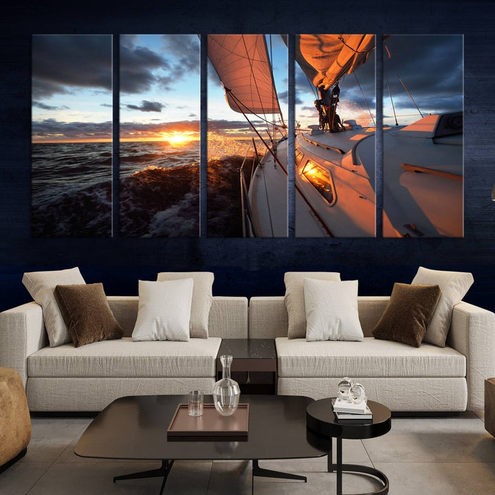 The modern living room is adorned with the Ocean Sunset Sailboat Wall Art, a triptych crafted on museum-quality canvas featuring UV-protective coating for lasting vibrancy.