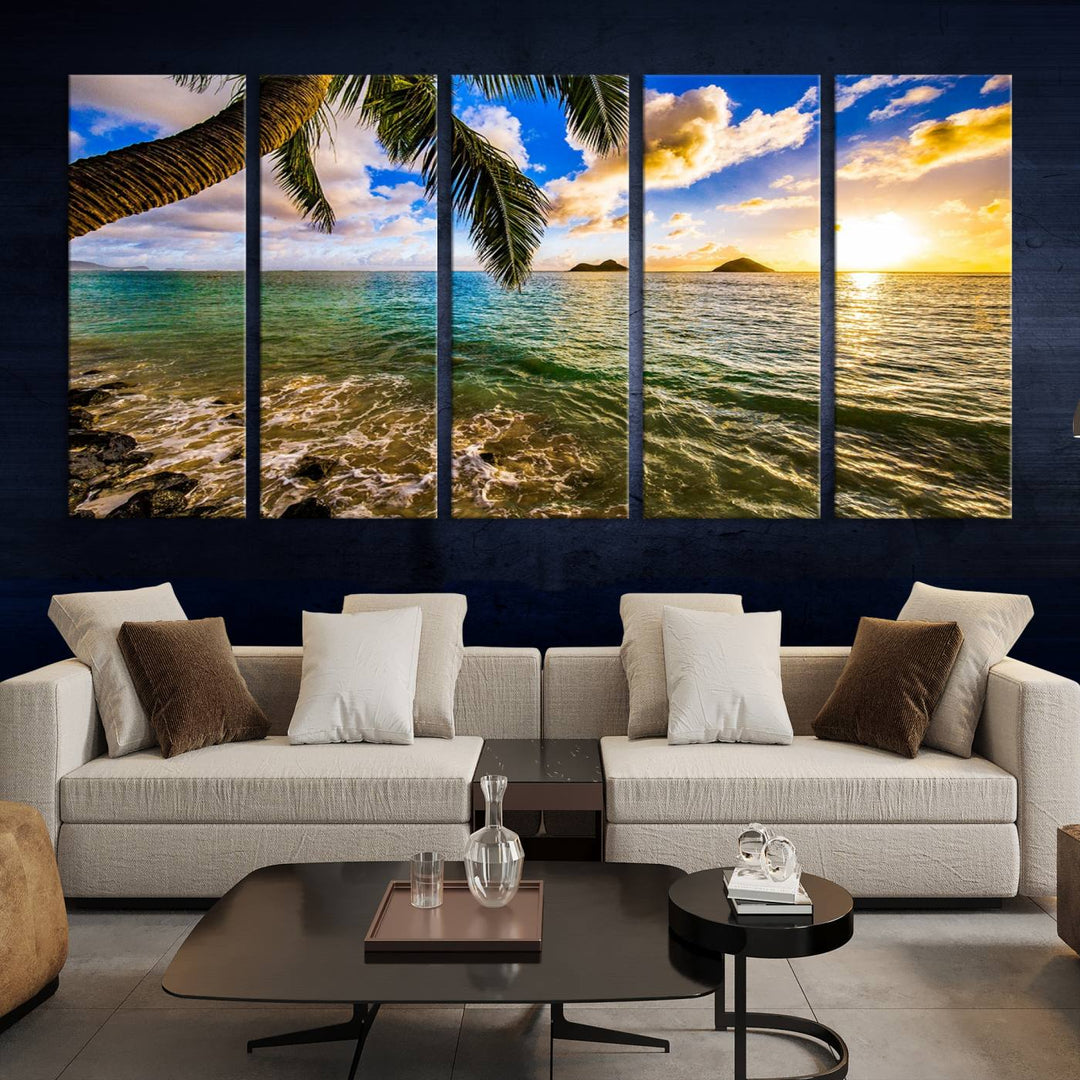 The Sunset Lake View Wall Art Canvas Print, gallery wrapped on a museum-quality canvas, enhances the vibrant living room decor with its UV-protective coating.