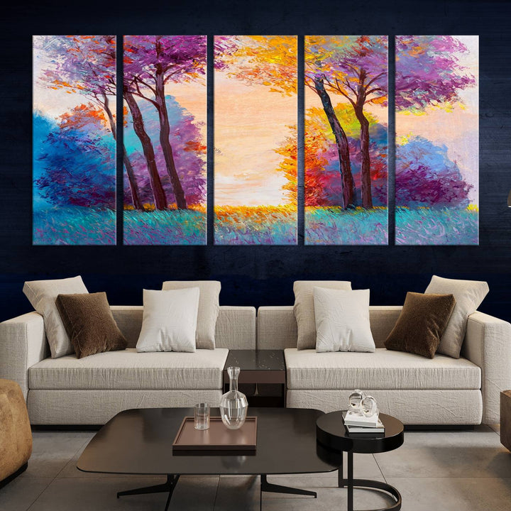 Oil Paint Effect Trees Wall Art Canvas Print features a UV-protective coating for lasting vibrancy.