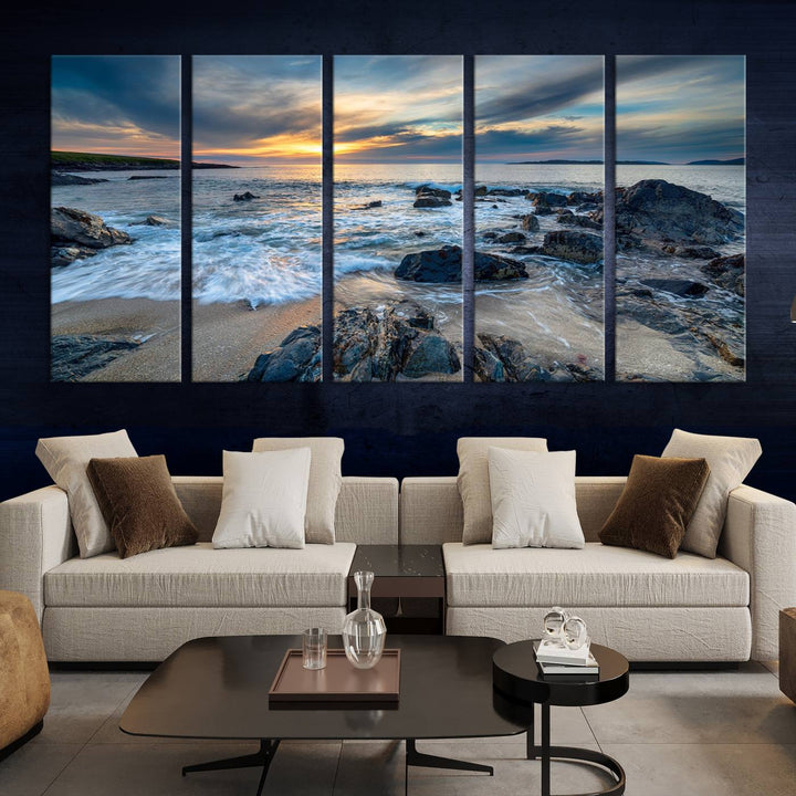 The "Beautiful Stormy Sunset at Bagh Steinigidh Beach Stones" triptych ocean-themed wall art is displayed on museum-quality canvas and features a UV-protective coating.