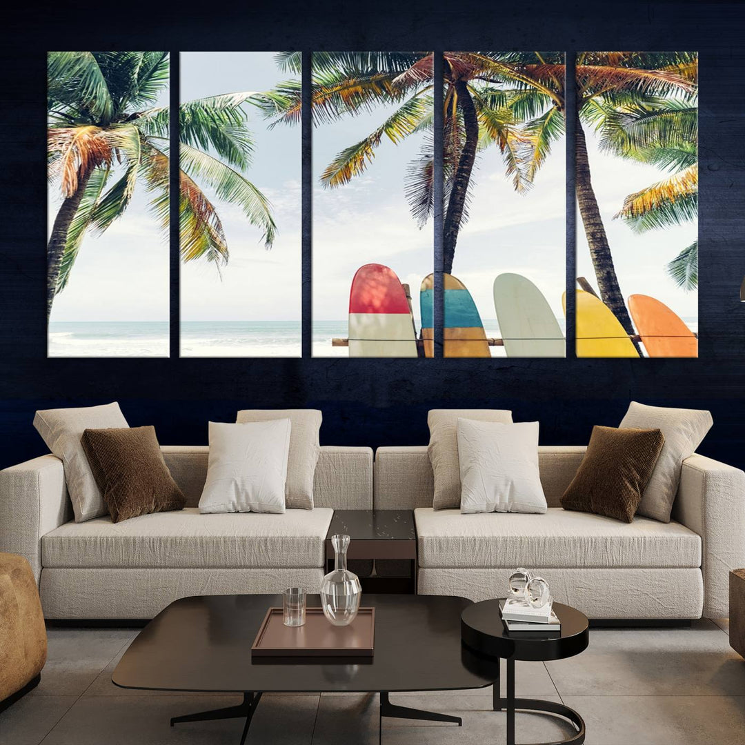 The room showcases The Palm and Surfing Board Wall Art Canvas Print, a triptych of palm trees and surfboards by the beach, elegantly gallery wrapped for a sophisticated finish.